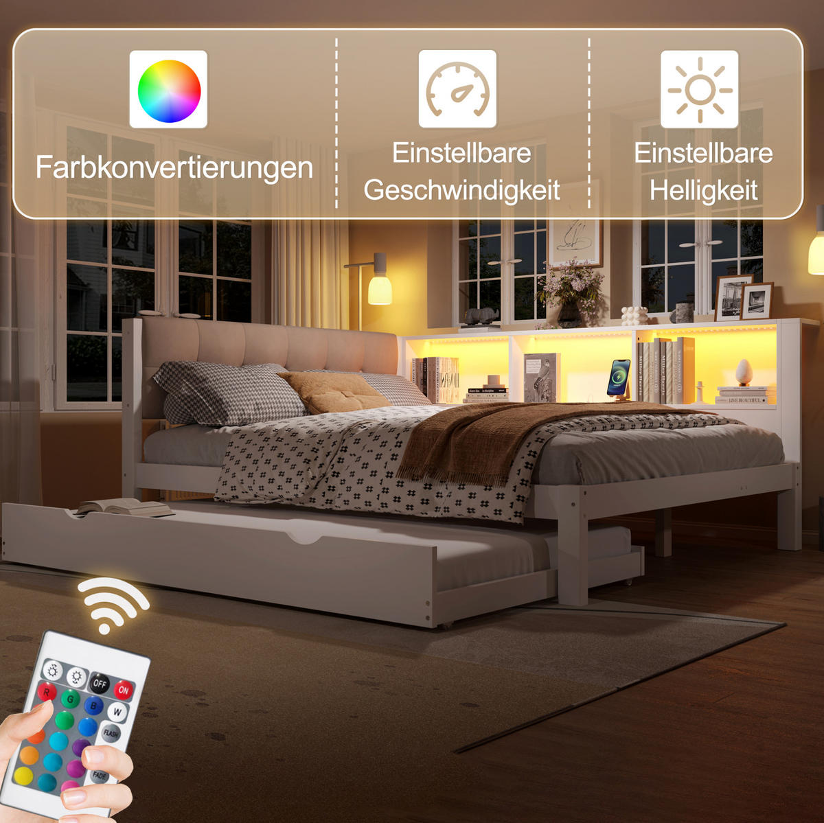 TAGESBETT 140/200 cm Weiß aus Kiefernholz und MDF mit Ausziehbett, Regal, USB-Anschluss und LED-Leiste - Weiß, Holz (140/200cm) - OKMYHOME