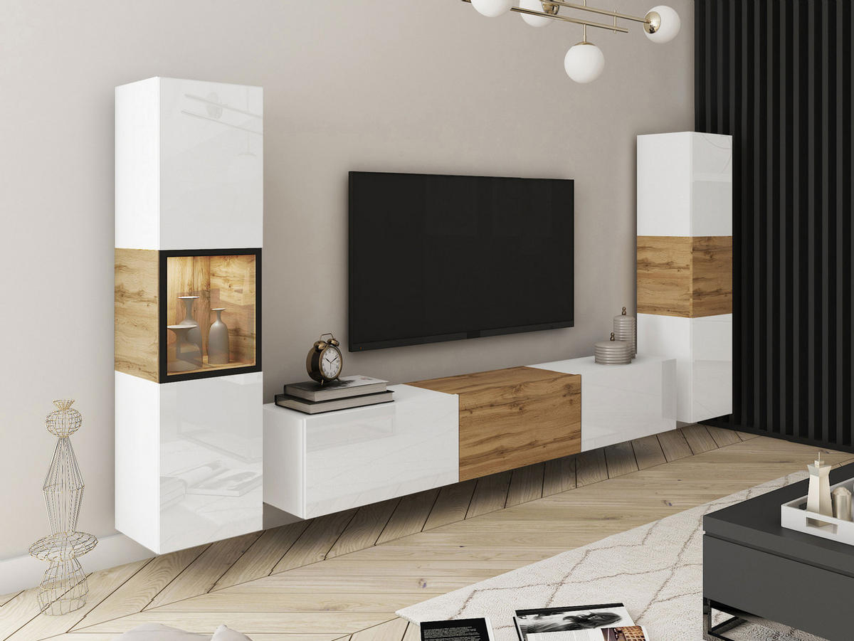 WOHNWAND Berlin III mit weißer LED Beleuchtung - Weiß Hochglanz/Eiche Wotan, Holzwerkstoff/Kunststoff (180/30/33cm) - MIRJAN24