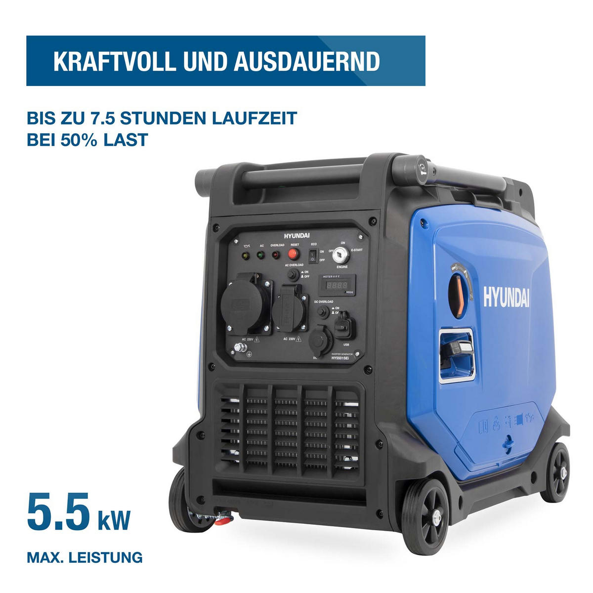 HYUNDAI Inverter Stromerzeuger HY5501SEi 5,5 kW Benzin Stromgenerator mit E-Start, 5,0 kW Dauerleistung, 230 V, 12 V, USB, Notstromaggregat - Blau, Metall (60/40/53cm) - HYUNDAI