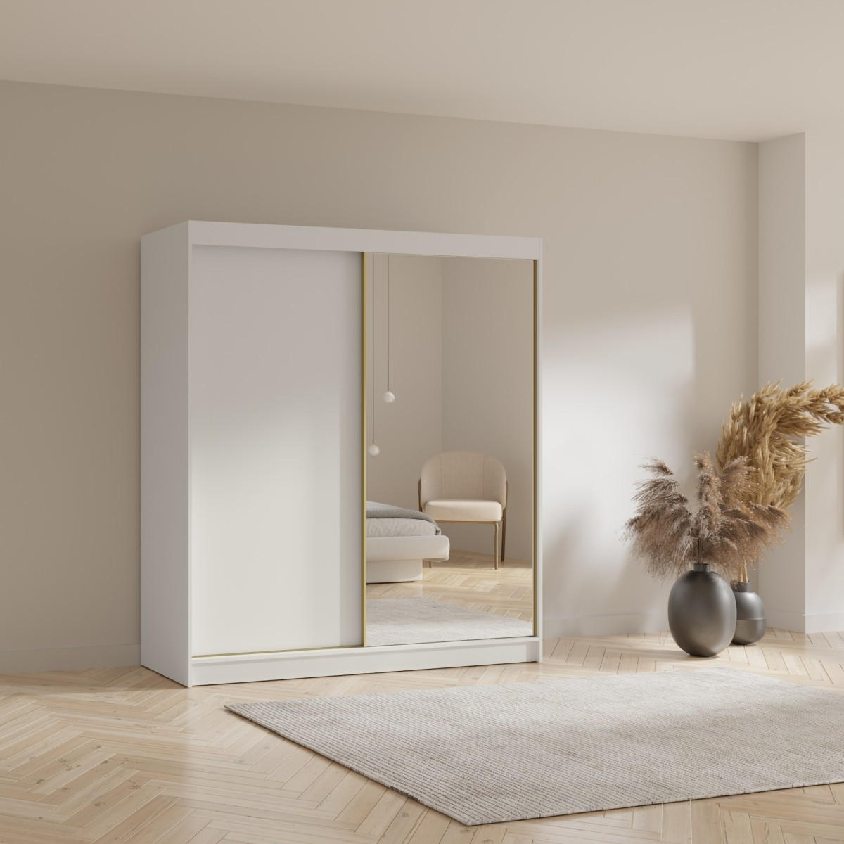 SCHWEBETÜRENSCHRANK mit Spiegel Fiore 2D1L 180 Weiß/Gold - Goldfarben/Weiß, Holzwerkstoff/Metall (180/200/60cm) - mzm24
