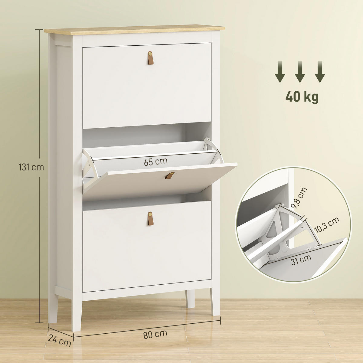 SCHUHSCHRANK,3 Klappschubladen herausnehmbare Böden für 21 Paar,weiß - Weiß, Holzwerkstoff (80/131/24cm) - Vallsero