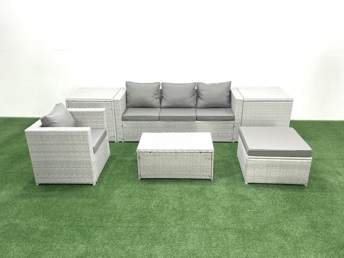 GARTENSET mit 3-SITZER SOFA,COUCHTISCH Polyrattan Hellgrau-Mix 5-Sitzer - Hellgrau/Grau, Glas/Kunststoff - Fimous