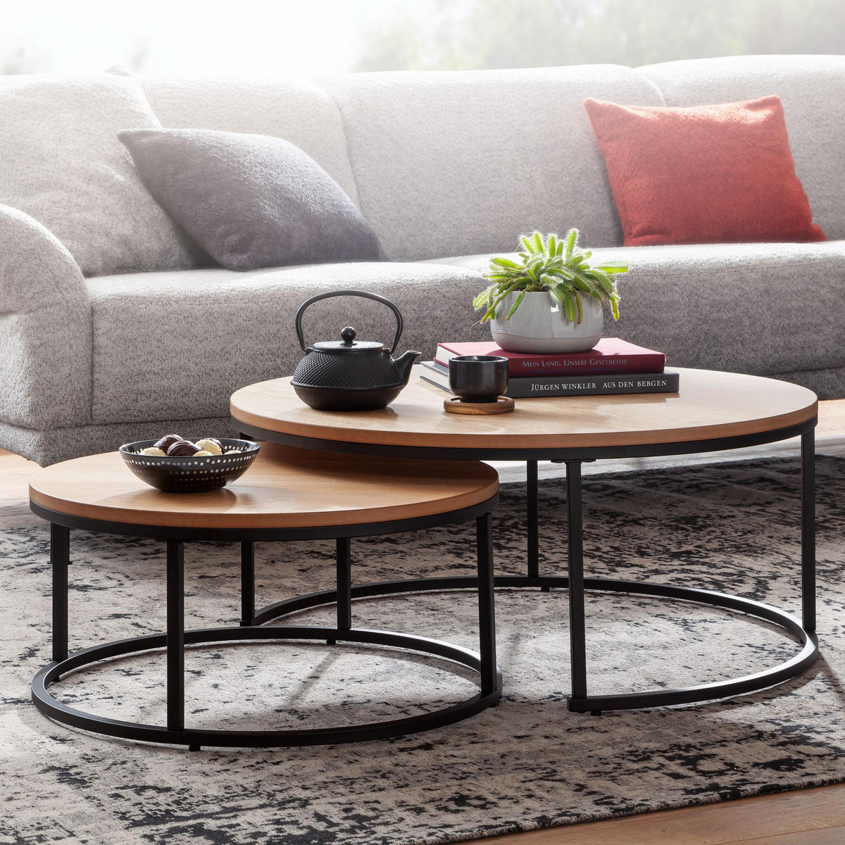 COUCHTISCH 2er Set Marmoroptik Metall Eichenholz Ineinanderschiebbar, Beige 80x80x36 cm - Beige/Schwarz, Holz/Metall (80/80/36cm) - KADIMA DESIGN