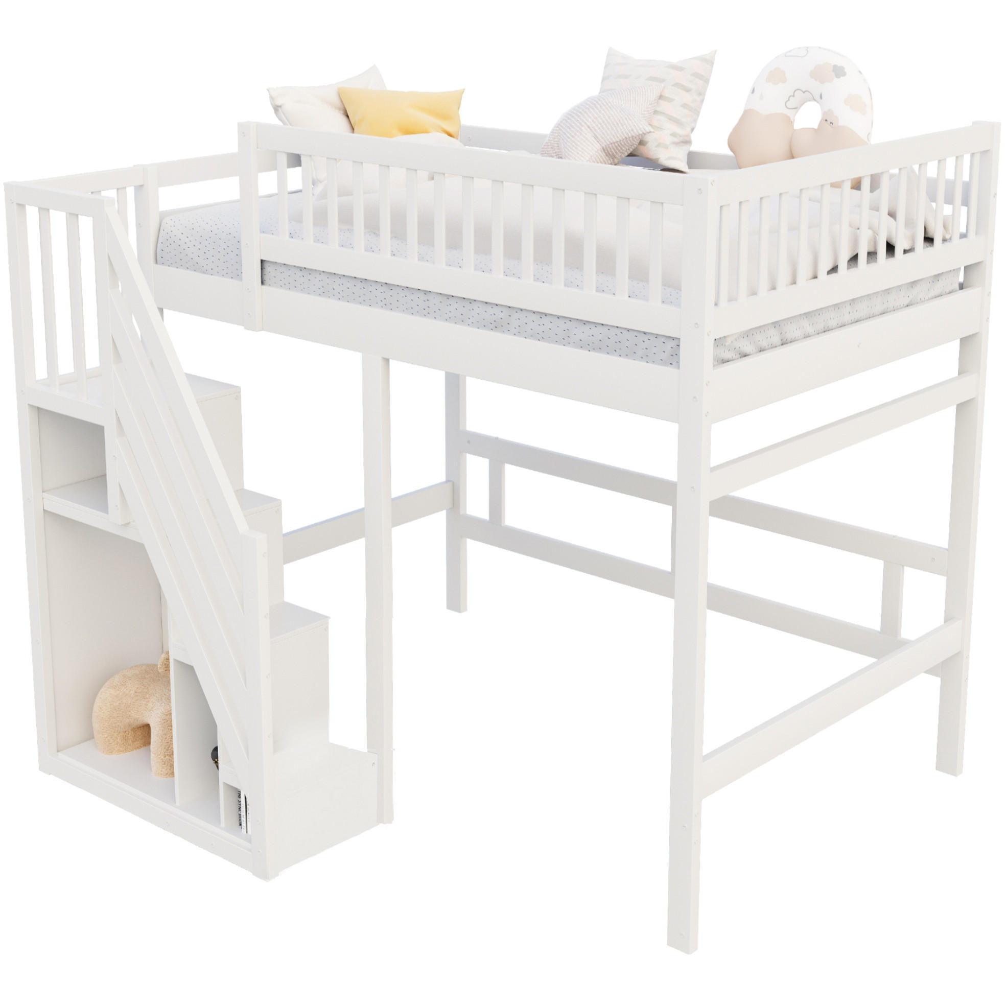 KINDERBETT 140/200 cm, weiß mit Stauraumtreppe und hohem Geländer - Weiß, Holz (140/200cm) - MIVRAY