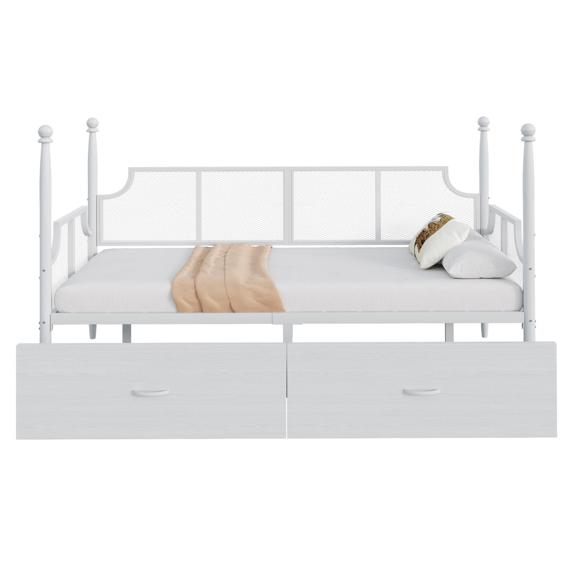 METALLBETT 90/200 cm weiß mit Vintage-Rückenlehne und Ablagefächern - Weiß, Metall (90/200cm) - OKWISH