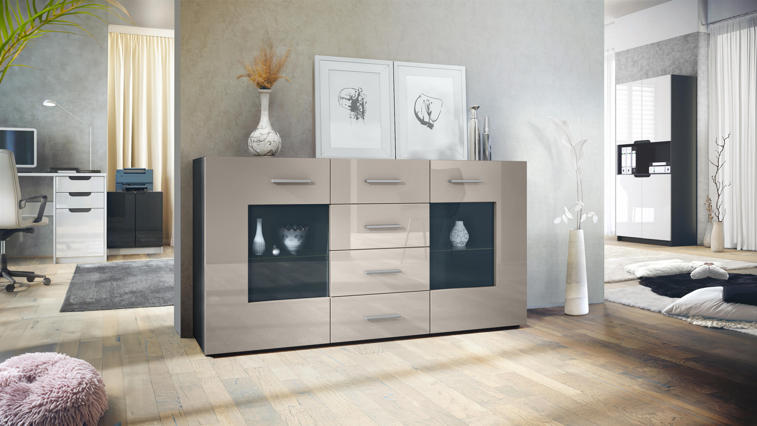 SIDEBOARD Noah Sandgrau Hochglanz - Sandfarben, Holzwerkstoff (139/72/35cm) - Vladon