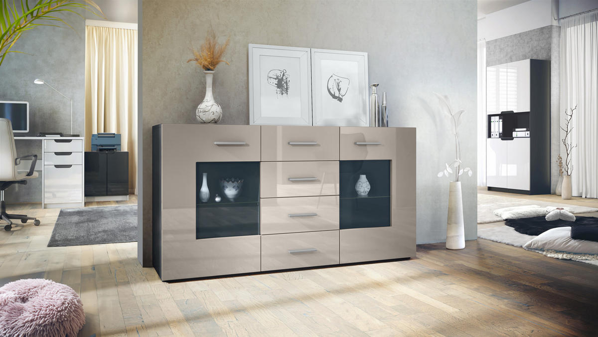 SIDEBOARD Noah Sandgrau Hochglanz - Sandfarben, Holzwerkstoff (139/72/35cm) - Vladon