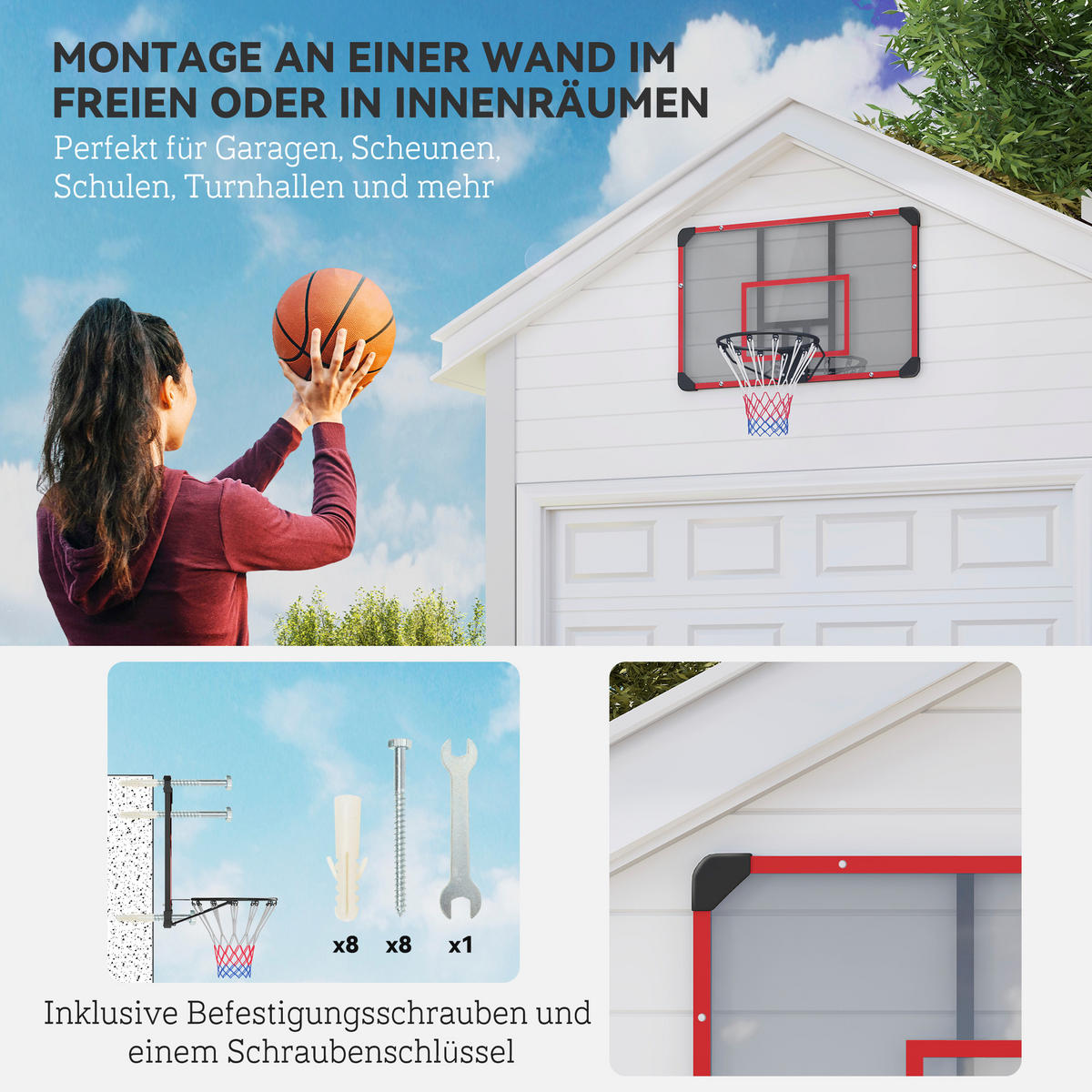 BASKETBALLKORB, Basketballbrett mit Korb, Wandmontage, für Outdoor, Stahl - Rot, Metall (61/113cm) - SPORTNOW