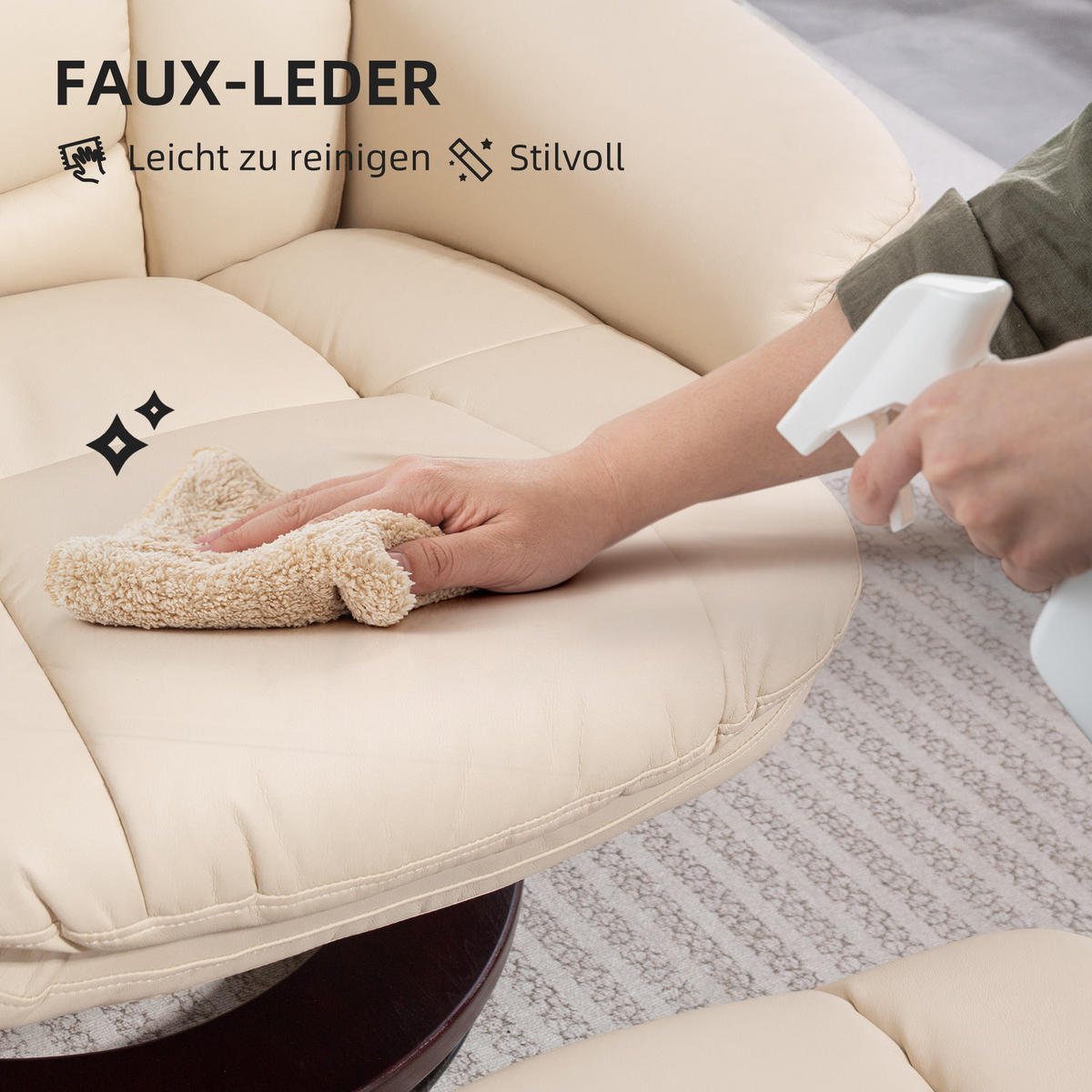 RELAXSESSEL mit Hocker drehbarer Fernsehsessel mit Liegefunktion Taschenfeder - Creme, Leder (83/107/86cm) - HOMCOM
