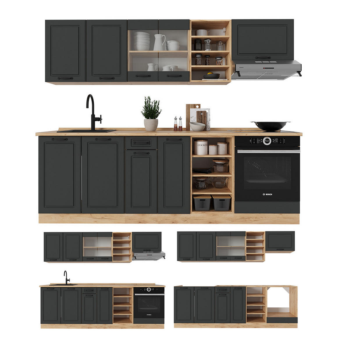 KÜCHENZEILE R-Line Anthrazit Landhaus/Goldkraft Eiche 240 cm , AP Marmor - Dunkelgrau/Anthrazit, Holzwerkstoff (240/81.6/60cm) - Vicco