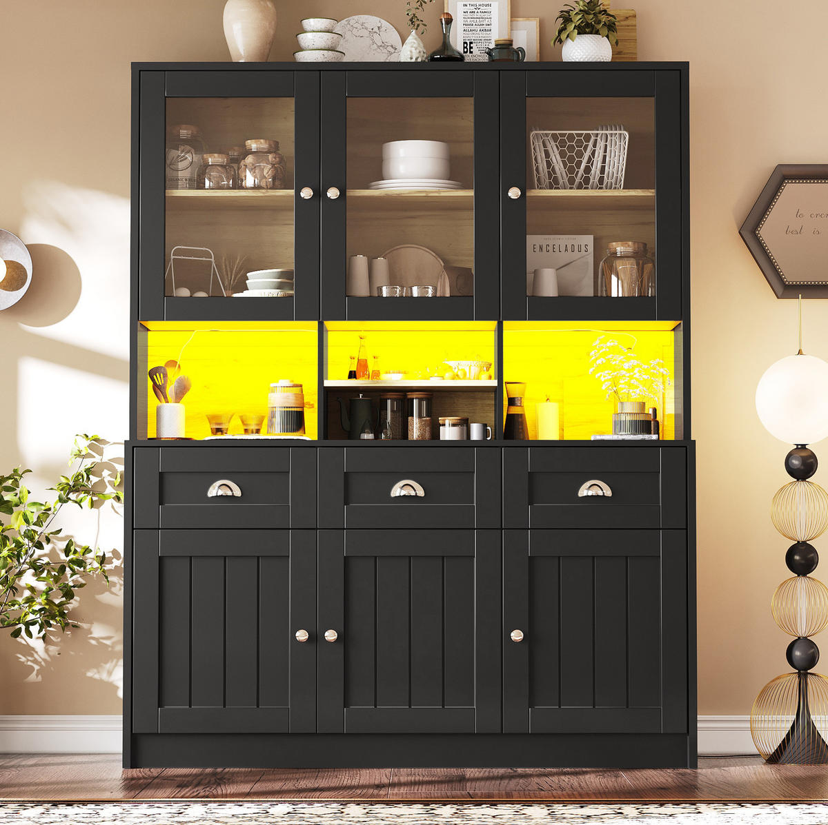 BUFFET 140/40/175 cm in Schwarz mit LED-Beleuchtung und verstellbaren Böden - Schwarz, Holzwerkstoff (140/175/40cm) - Flora Grace