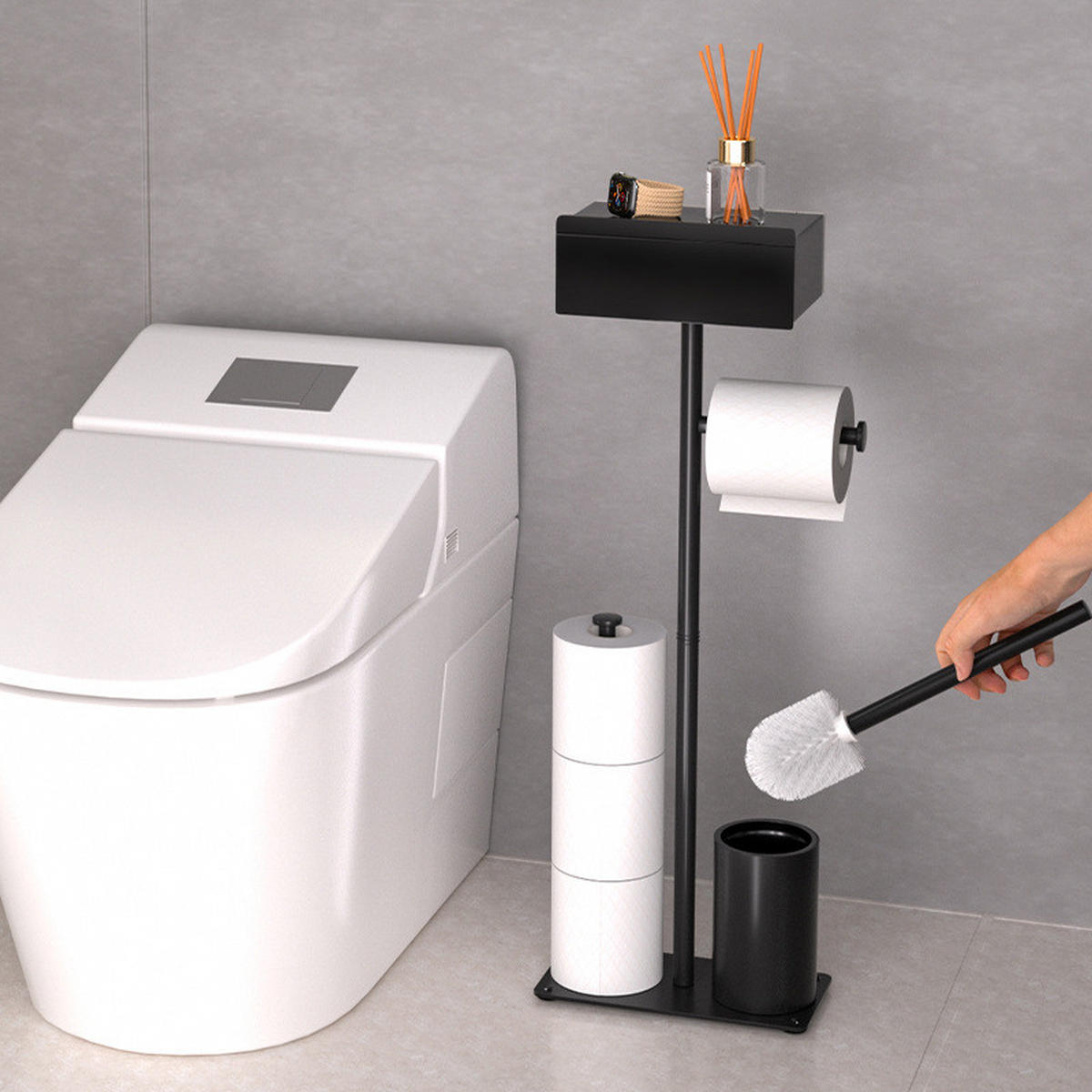 TOILETTENBÜRSTENHALTER – 2-in-1 (Schwarz) 24 x 12 x 69 cm - Schwarz, Metall (12/69/24cm)