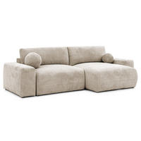 ECKSOFA Puffy mit Schlaffunktion und Bettkasten - besonders weich und puffig aus Dunkelbeige Chenille-Stoff - Ottomane rechts - Beige/Schwarz, Holz/Kunststoff (266/138cm) - S-Style Möbel