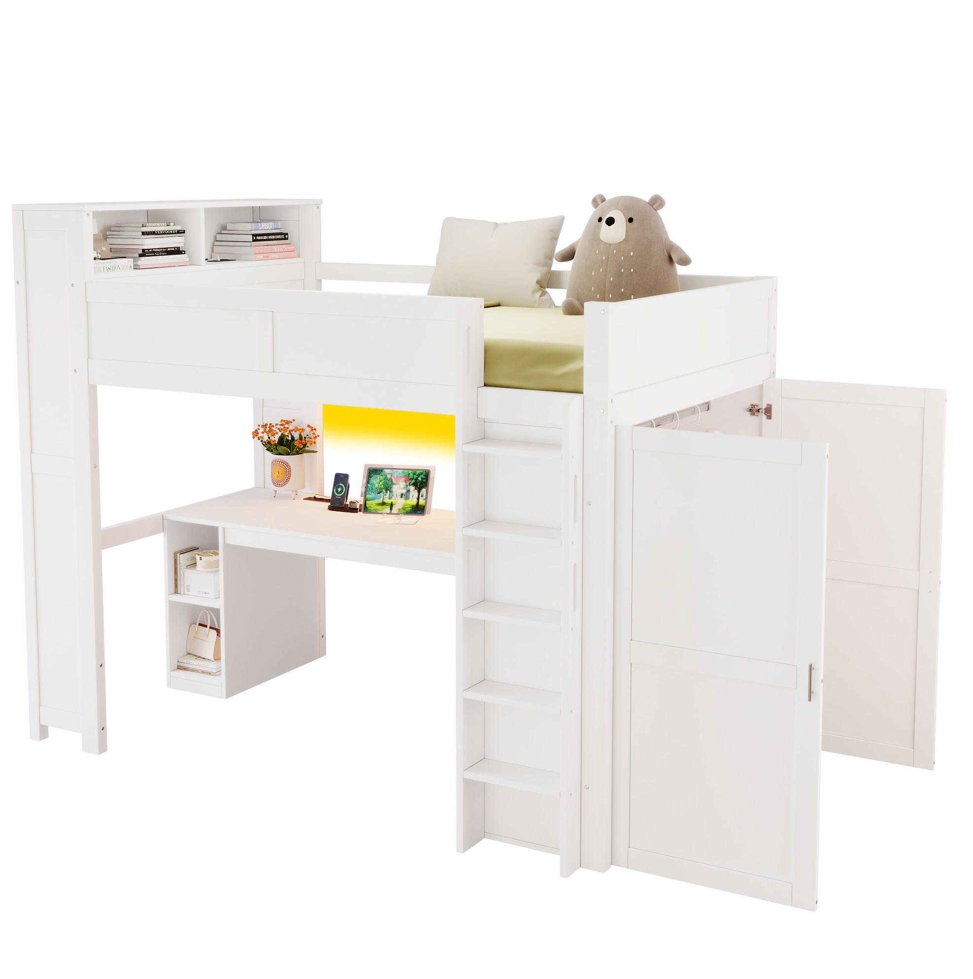 HOCHBETT aus Kiefernholz 90x200 cm Weiß mit Schreibtisch, Kleiderschrank, LED-Beleuchtung und USB-Anschluss - Weiß, Holzwerkstoff (90/200cm) - Modfu