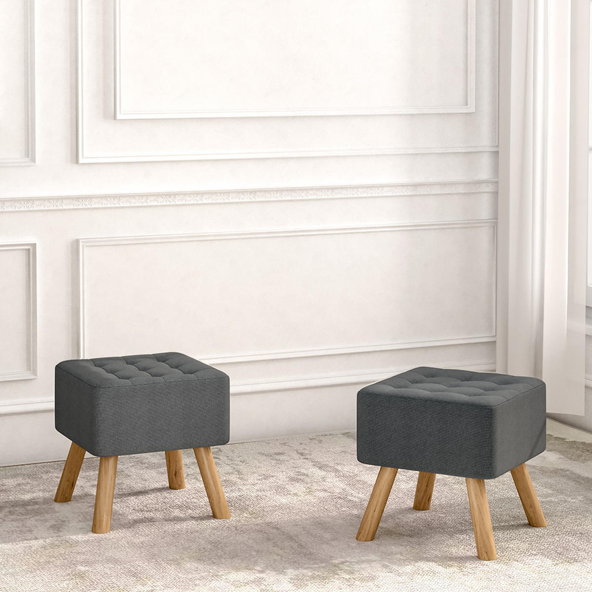 POLSTERHOCKER Eichenholzbeine Leinen in Dunkelgrau Quadratisch Leicht & mobil Atmungsaktiver Bezug 39,5 x 39,5 x 40 cm - Dunkelgrau/Naturfarben, Eichenholz/Holz (39.5/40/39.5cm) - Livingandhome