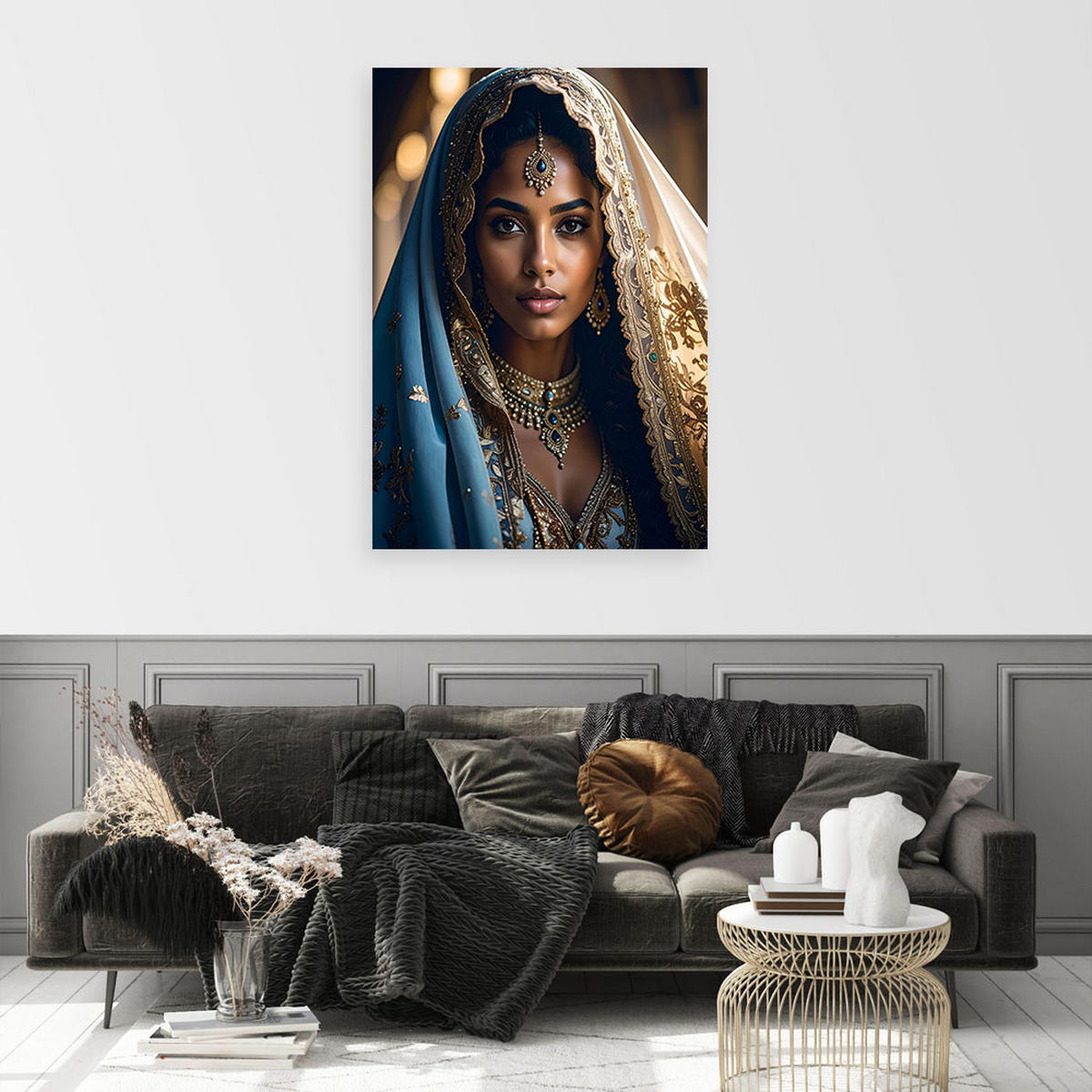 LEINWANDBILDER, Porträt einer Frau mit orientalischem Schmuck und blauem Schleier - Multicolor, Textil (20/30cm) - Feeby
