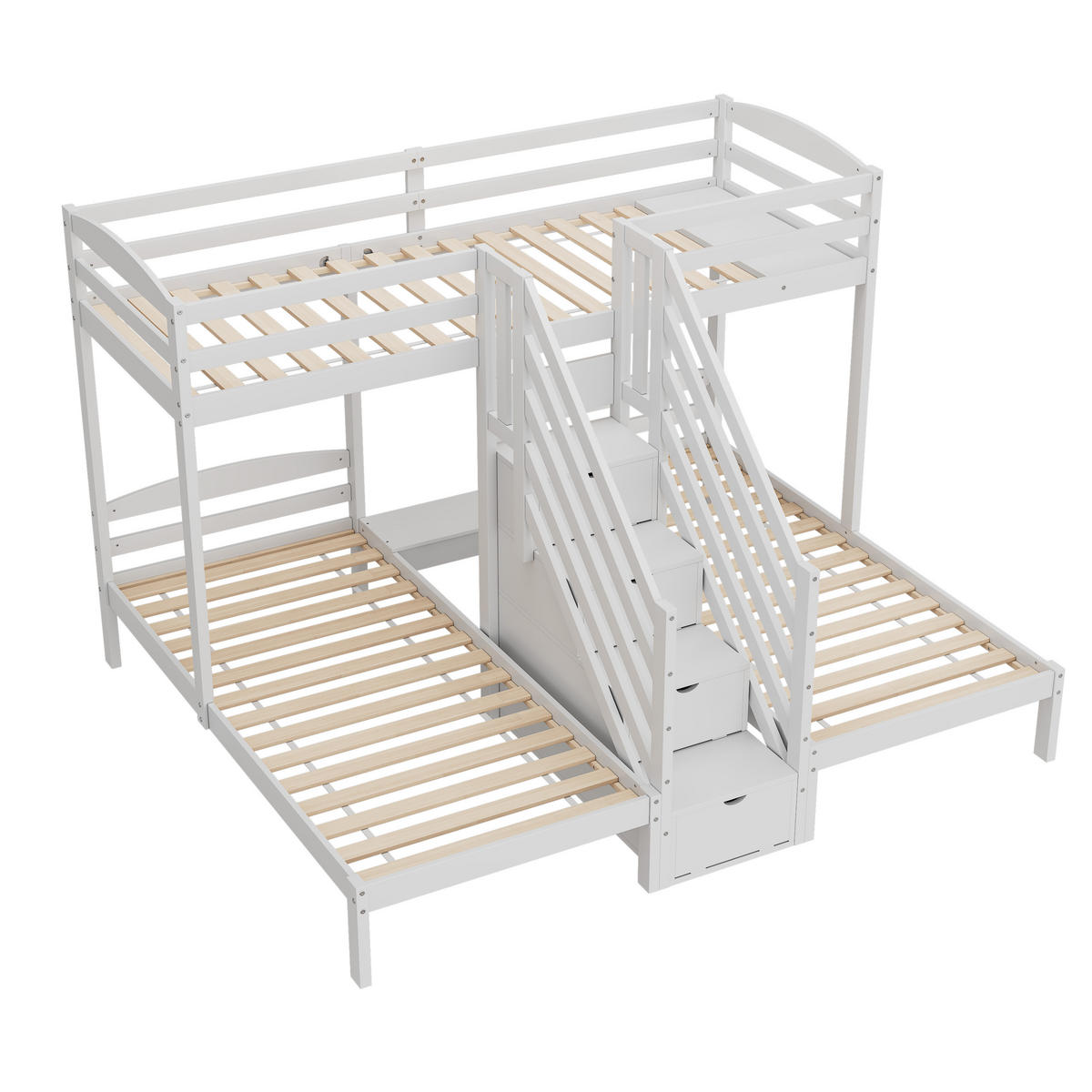 HOCHBETT 90x200cm Weiß Kiefernholz 3 Betten EN747 Leiter mit Schubladen - Weiß, Holz (90/200cm) - FLIEKS