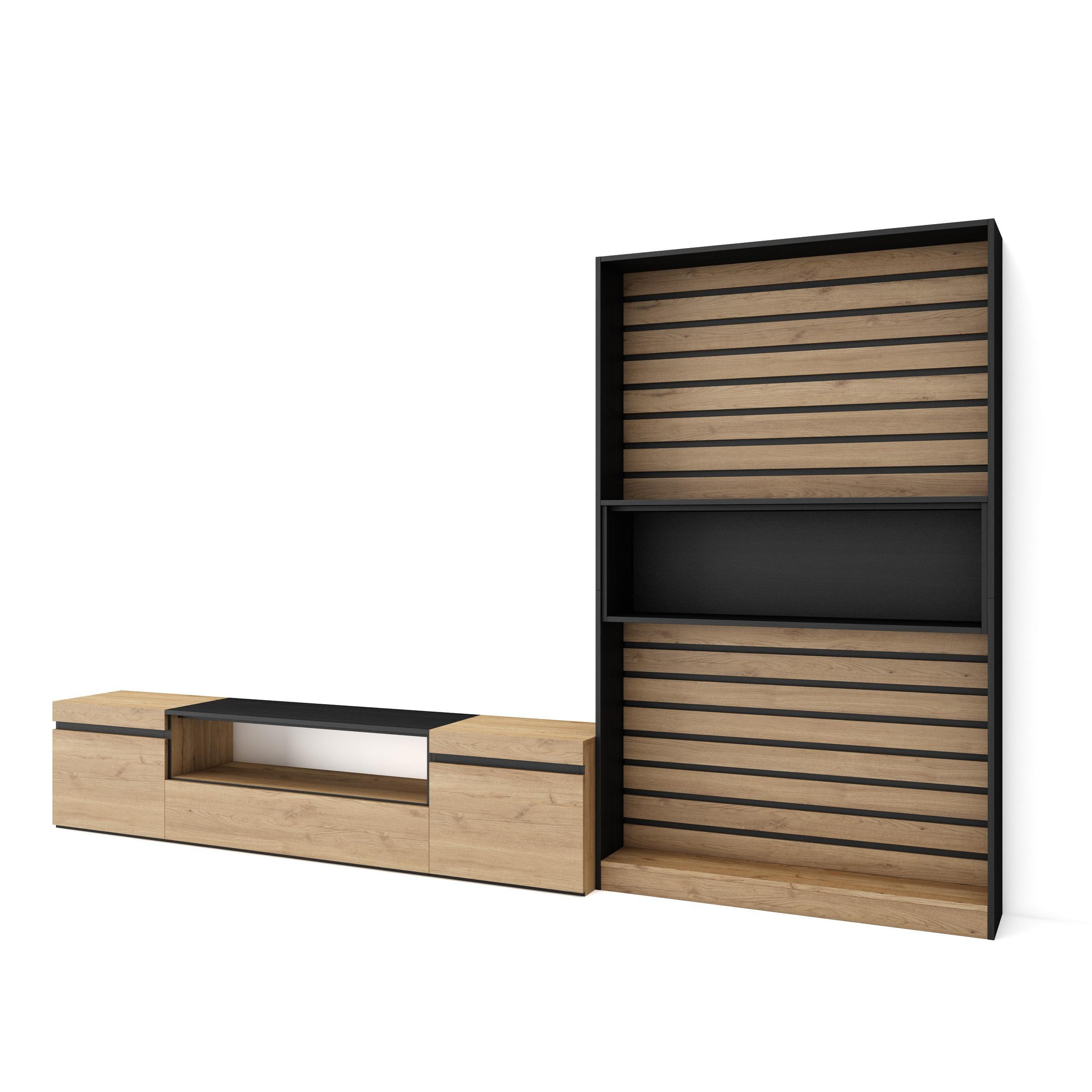 WOHNWAND Wohnzimmer, eiche, schwarz, 310/35/186cm - Eichefarben/Beige, Holzwerkstoff (310/186/35cm) - Skraut Home