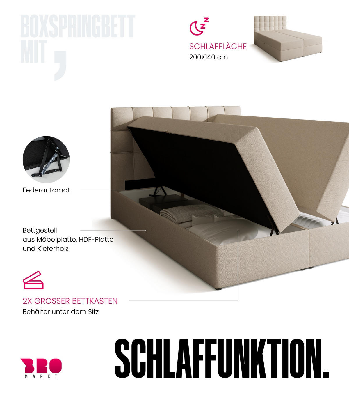 BOXBETT Detroit mit Topper 140/200 Ecru - Ecru, Holzwerkstoff/Textil (140/200cm) - Bromarkt