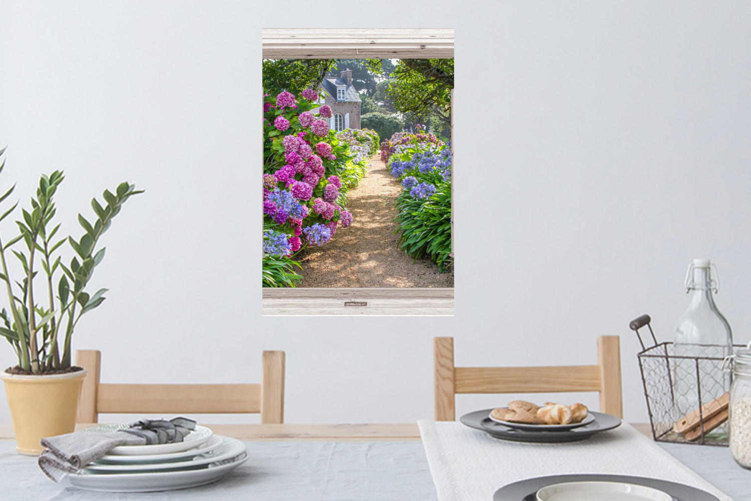 WANDTATTOO Hortensie - Fensterblick - Blumen - Sommer - Lila - Weg 40x60 cm - Lila, Kunststoff (40/60/0.1cm) - MuchoWow