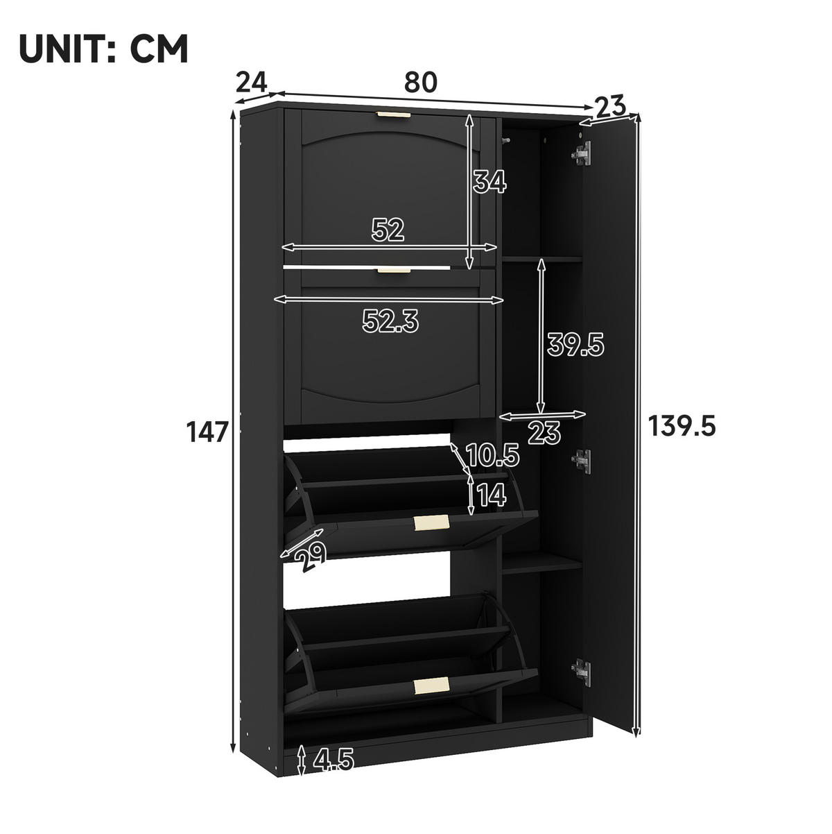SCHUHSCHRANK 80/24/147 cm mit Spiegeltüren, 4 Klappenfächern und verstellbaren Einlegeböden, Schwarz - Schwarz, Holzwerkstoff (80/147/24cm) - Redom