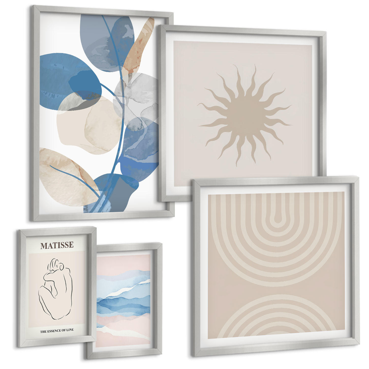 BILDER SET 5er Set - 50x50 cm & 20x30 cm & 40x60 cm Silberner Rahmen - Linien, Wellen, Pastellfarben, minimalistisch - Silberfarben, Kunststoff (40/60cm) - TULUP