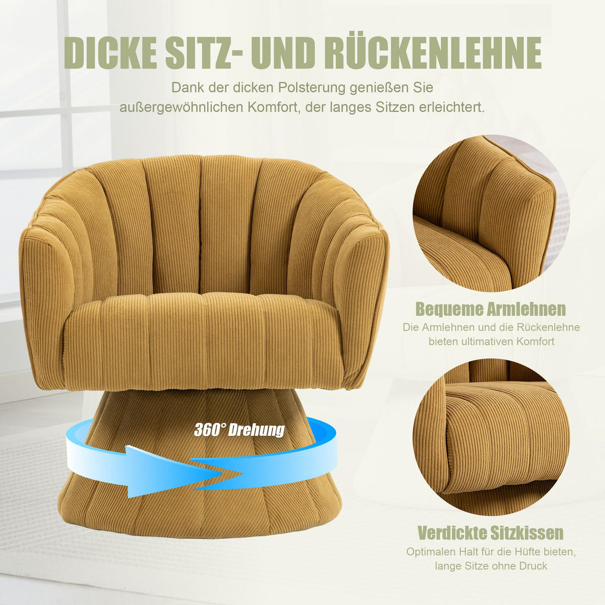 DREHSTUHL Drehsessel Loungesessel mit Polsterung,360°,Cord,Gelb - Gelb, Textil (70/72/66cm) - LVHOM