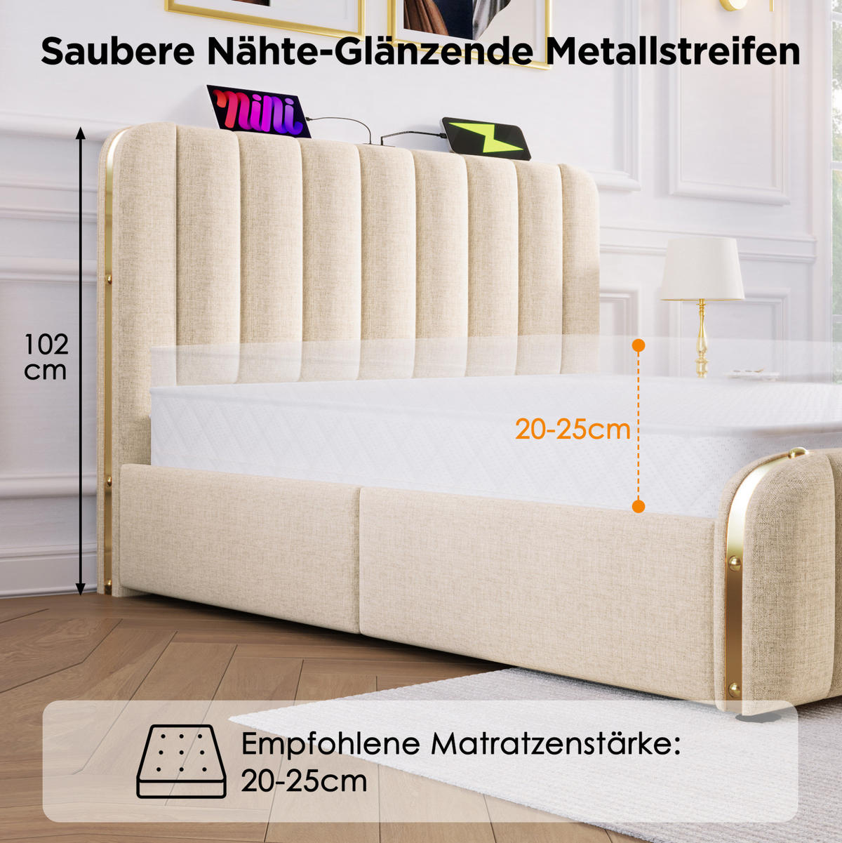POLSTERBETT 90/200 cm Beige aus Leinen mit USB- und Typ-C-Ladefunktion - Beige, Textil (90/200cm) - OKMYHOME