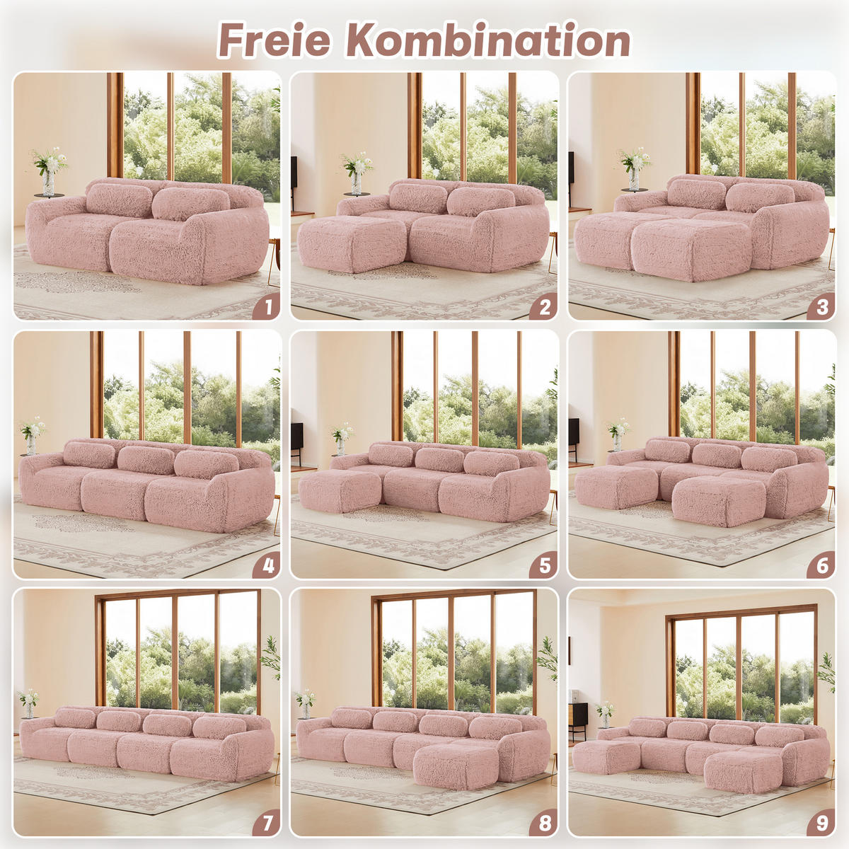 SCHLAFSOFA 2-Sitzer aus Plüschstoff mit 2 Hockern, Rosa - Rosa, Textil (204/73/179cm)