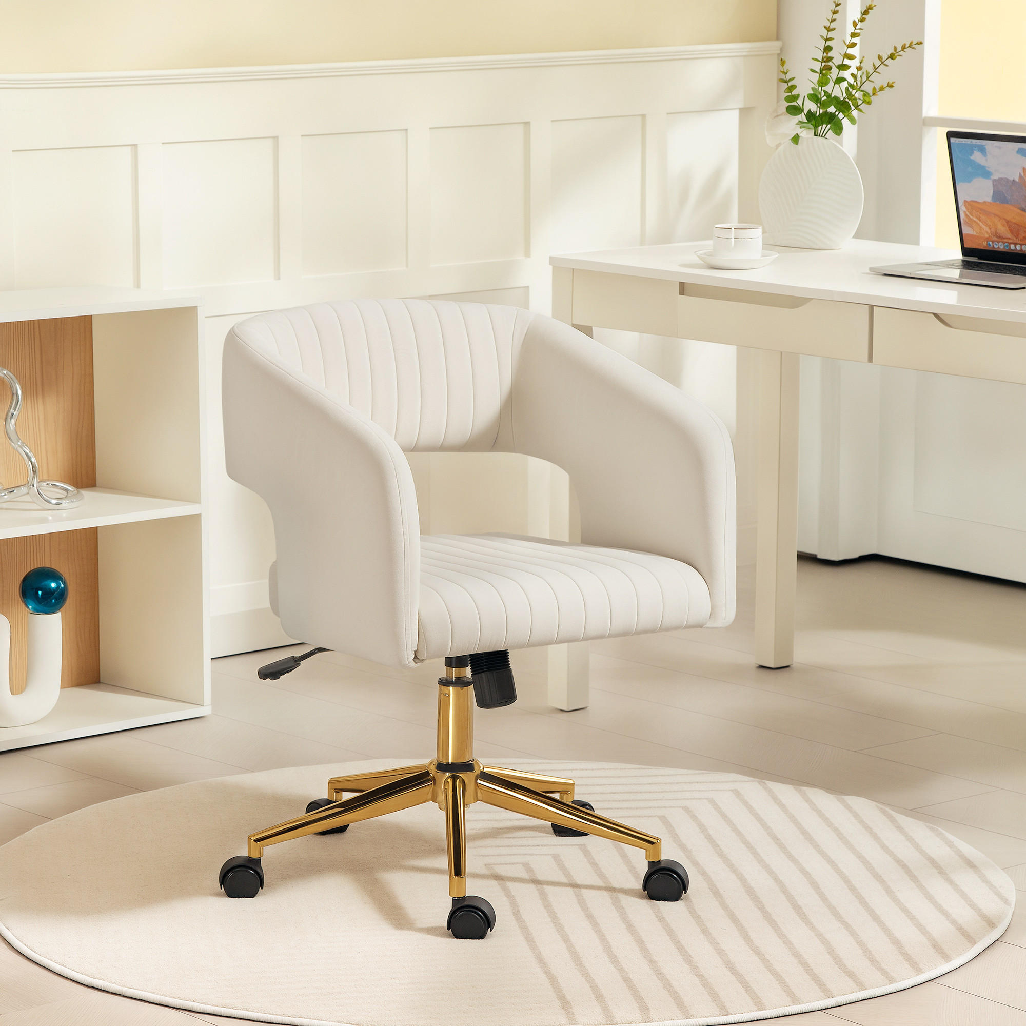 SCHREIBTISCHSTUHL höhenverstellbar Homeoffice Stuhl mit Samtoptik Cremeweiß - Goldfarben/Creme, Textil/Metall (61/84/62cm) - HOMCOM