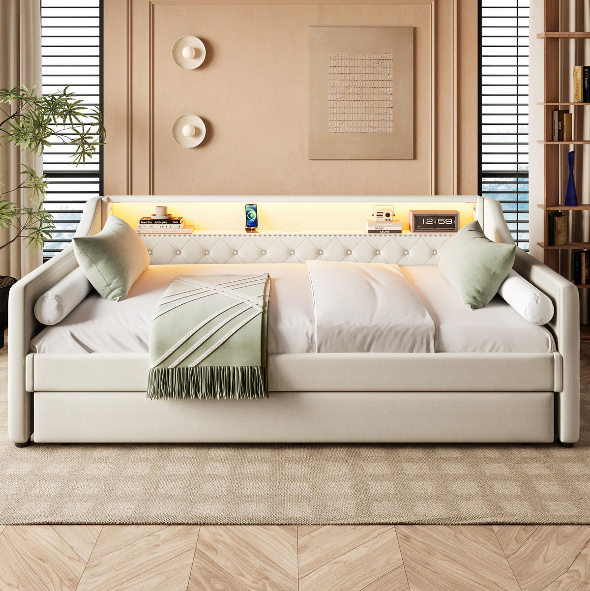 POLSTERBETT mit LED-Beleuchtung 90/200 cm mit Ausziehbett und USB in Beige - Beige, Textil (90/200cm) - BEAOK