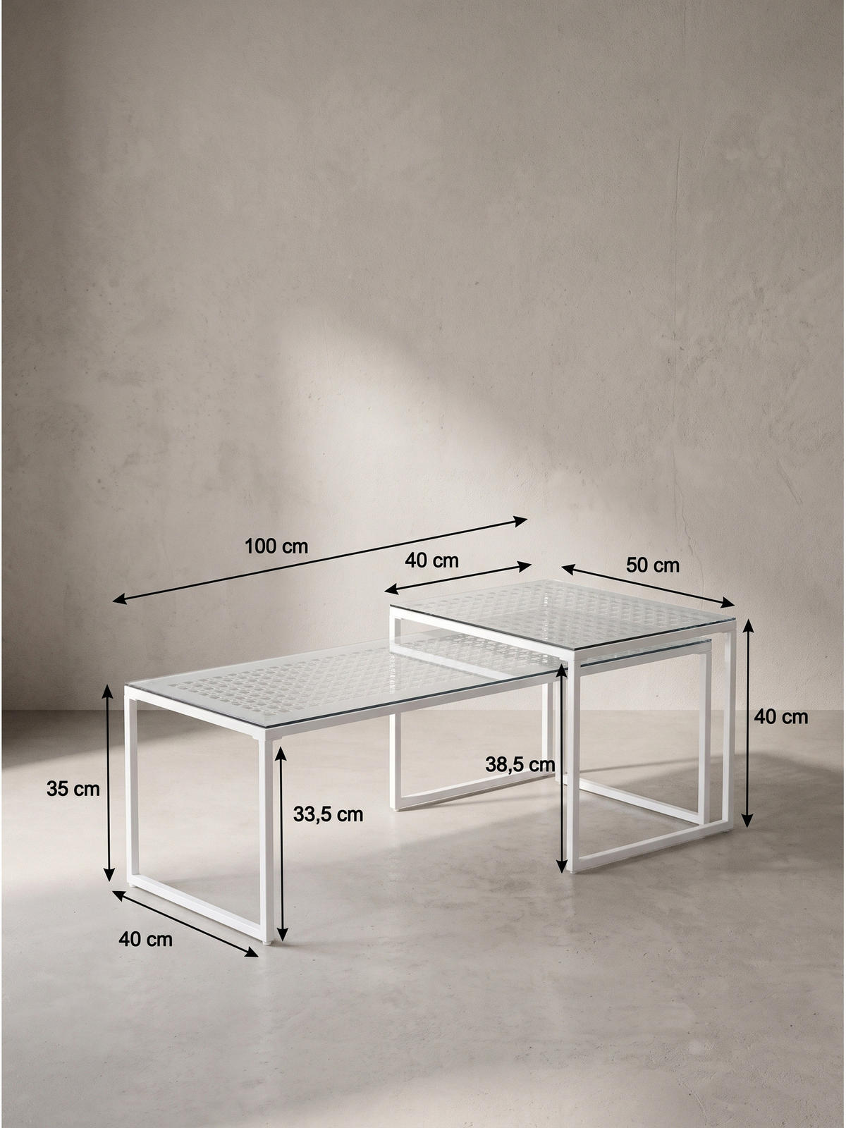 SOFATISCHE 2er-Set ALCUDIA, Einscheibensicherheitsglas, Weiß, 100 x 40 x 35 cm - Weiß, Glas/Metall (40/100/35cm) - KADIMA DESIGN