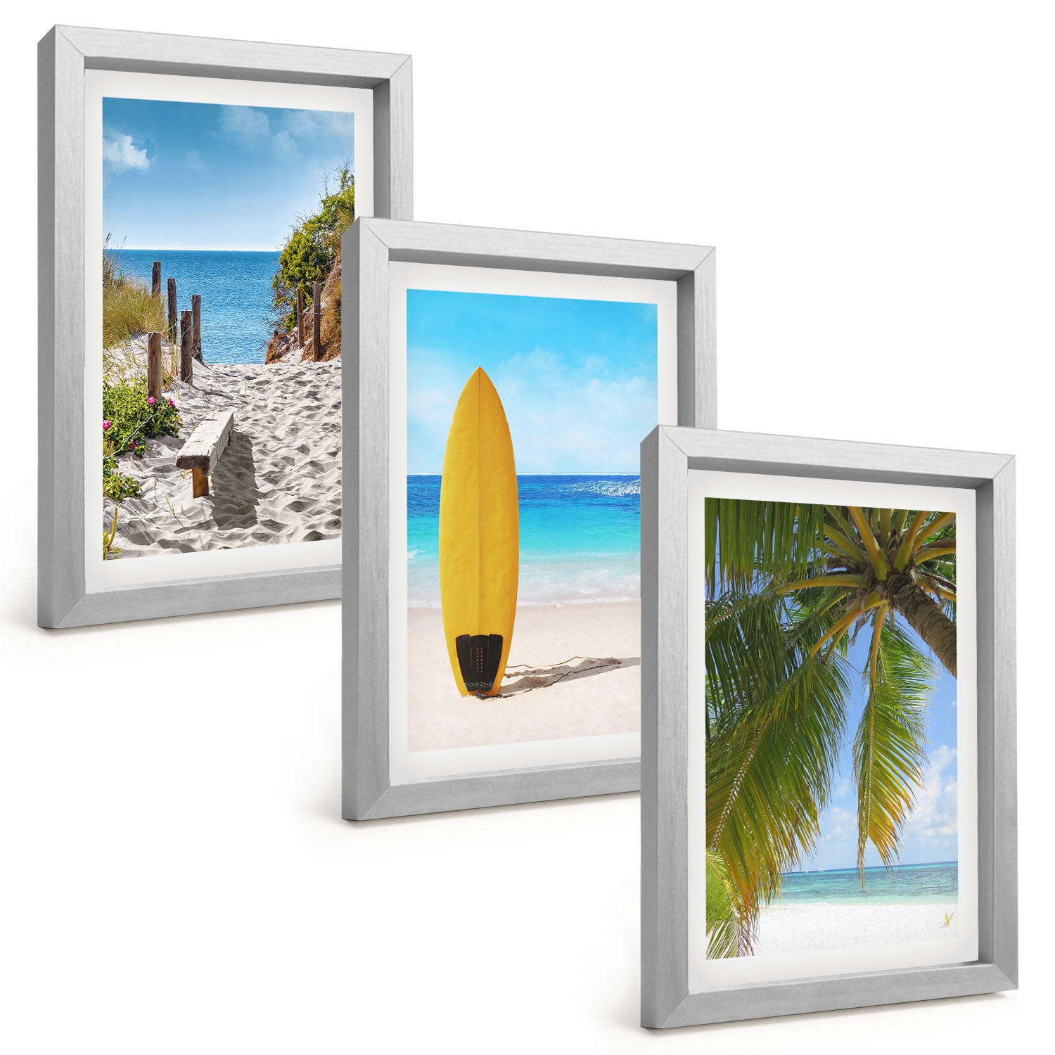 BILDER SET 3er Set - 20x30 cm Silberner Rahmen - Urlaubsstrände, Wellen, Palmen - Silberfarben, Kunststoff (20/30cm) - TULUP