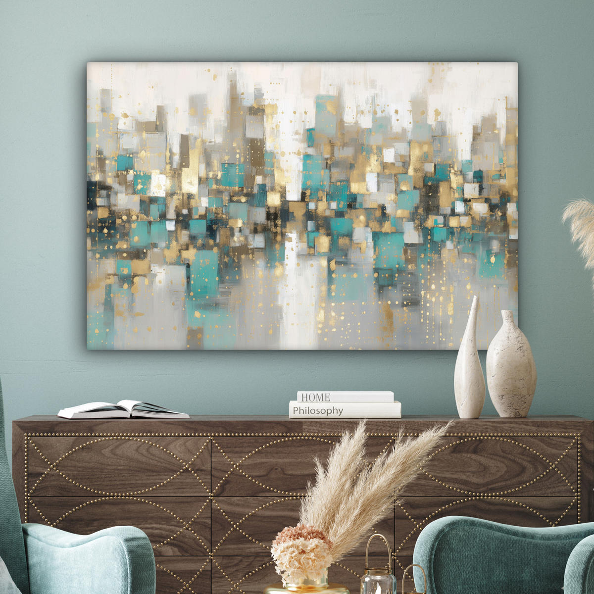 LEINWANDBILD Abstrakt - Blöcke - Gold - Skyline Wohnzimmer Groß 120x80 cm - Beige, Textil (120/80cm) - MuchoWow