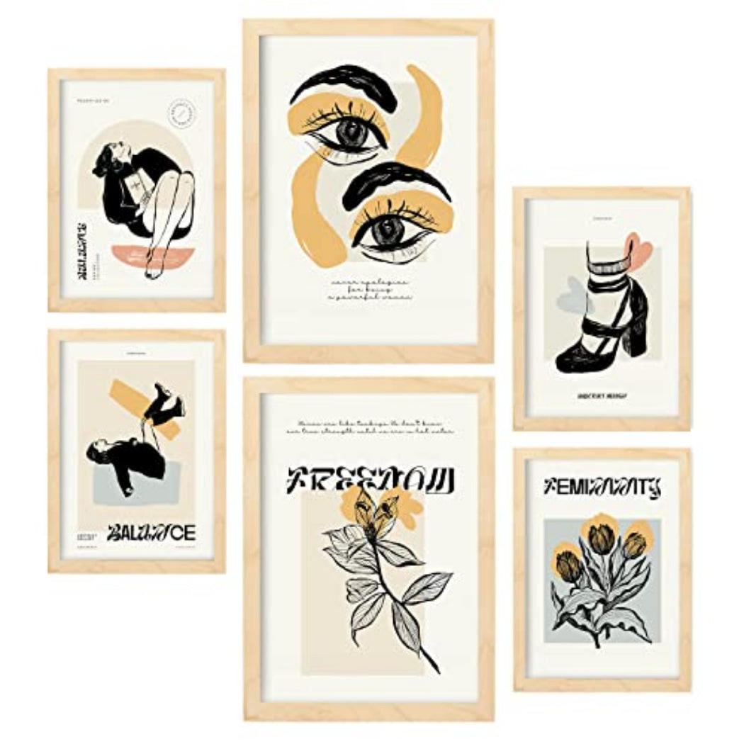 POSTER Set Mit 6 In Schwarzer Tinte Mächtig Kunstdrucke Im Skizzenstil Für Innenarchitektur A3 & A4 Rahmen Aus Hellem Holz - Beige, Papier (29/3cm) - Nacnic