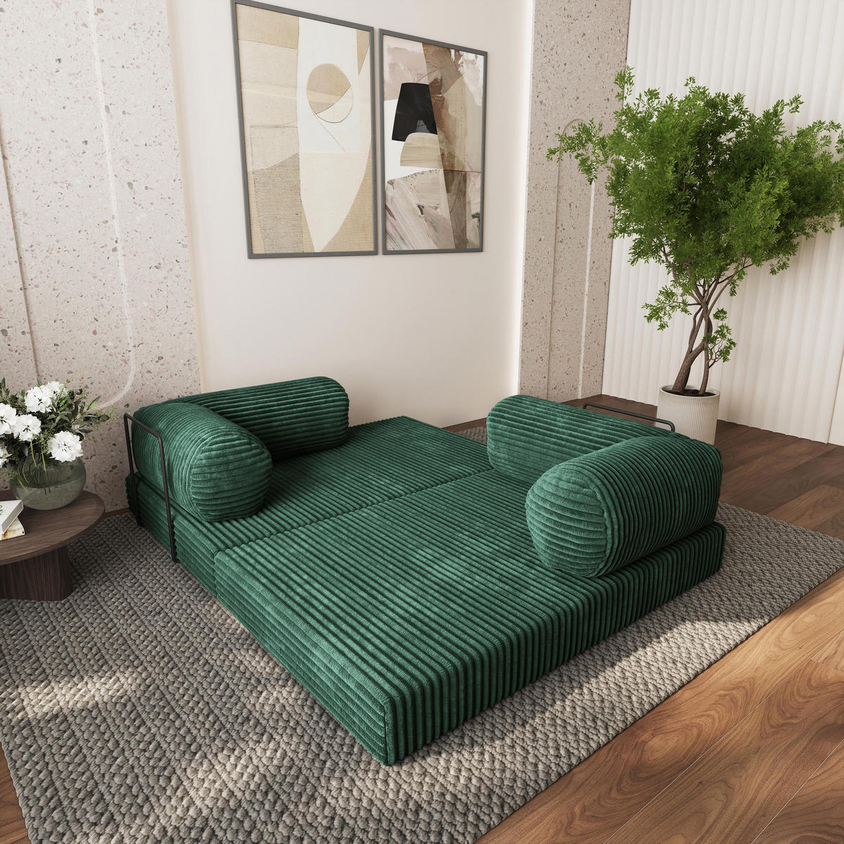 ECKSOFA ETERA modulares Boneless Sofa mit Schlaffunktion Grün Cordstoff - Grün, Textil (270/160cm) - MASSENO