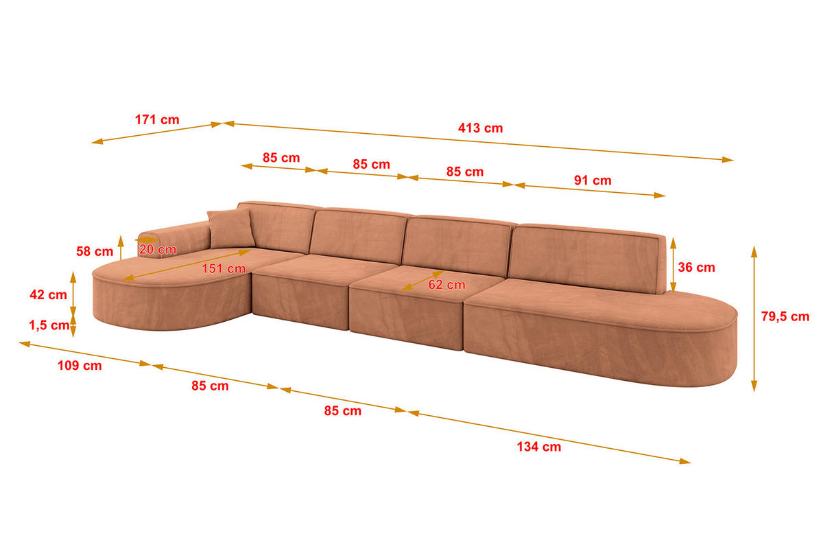 ECKSOFA Ottomane Links MARI-L3 - 413x171x79 cm Orange Velours - Schwarz/Orange, Holzwerkstoff/Kunststoff (413/171cm) - ALTDECOR