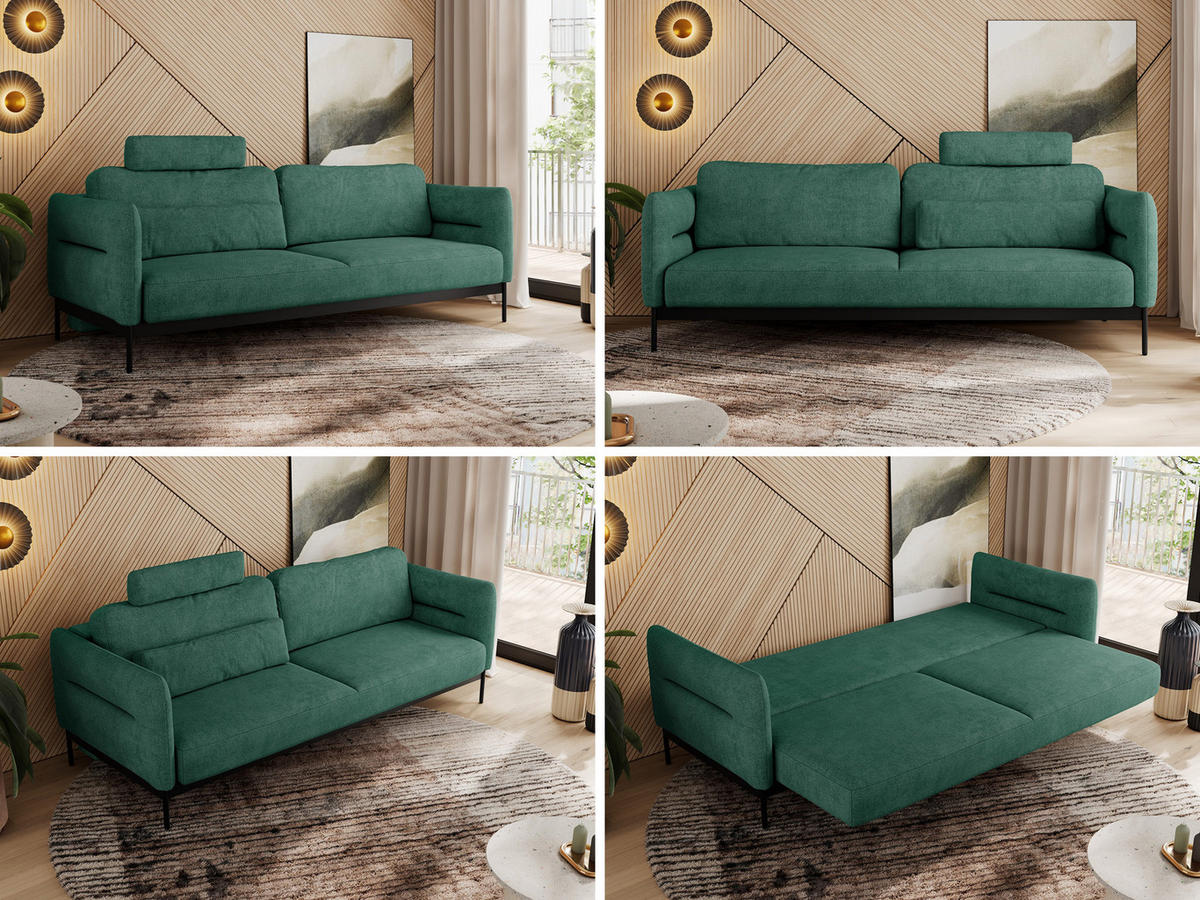 SOFA SALENTO Grün Struktur - Schwarz/Grün, Textil/Metall (221/82/101cm) - MKS