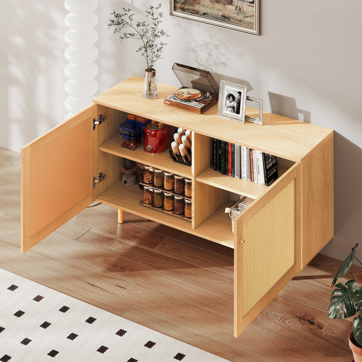 SIDEBOARD 120/40/63 cm mit Rattantüren in Naturholzoptik - Naturfarben, Holzwerkstoff (120/63/40cm) - BEAOK