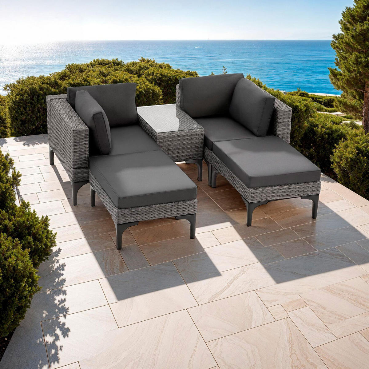 RATTANLOUNGE Bellaria,mit Sicherheitsglasplatte,grau - Grau, Kunststoff/Metall - tectake