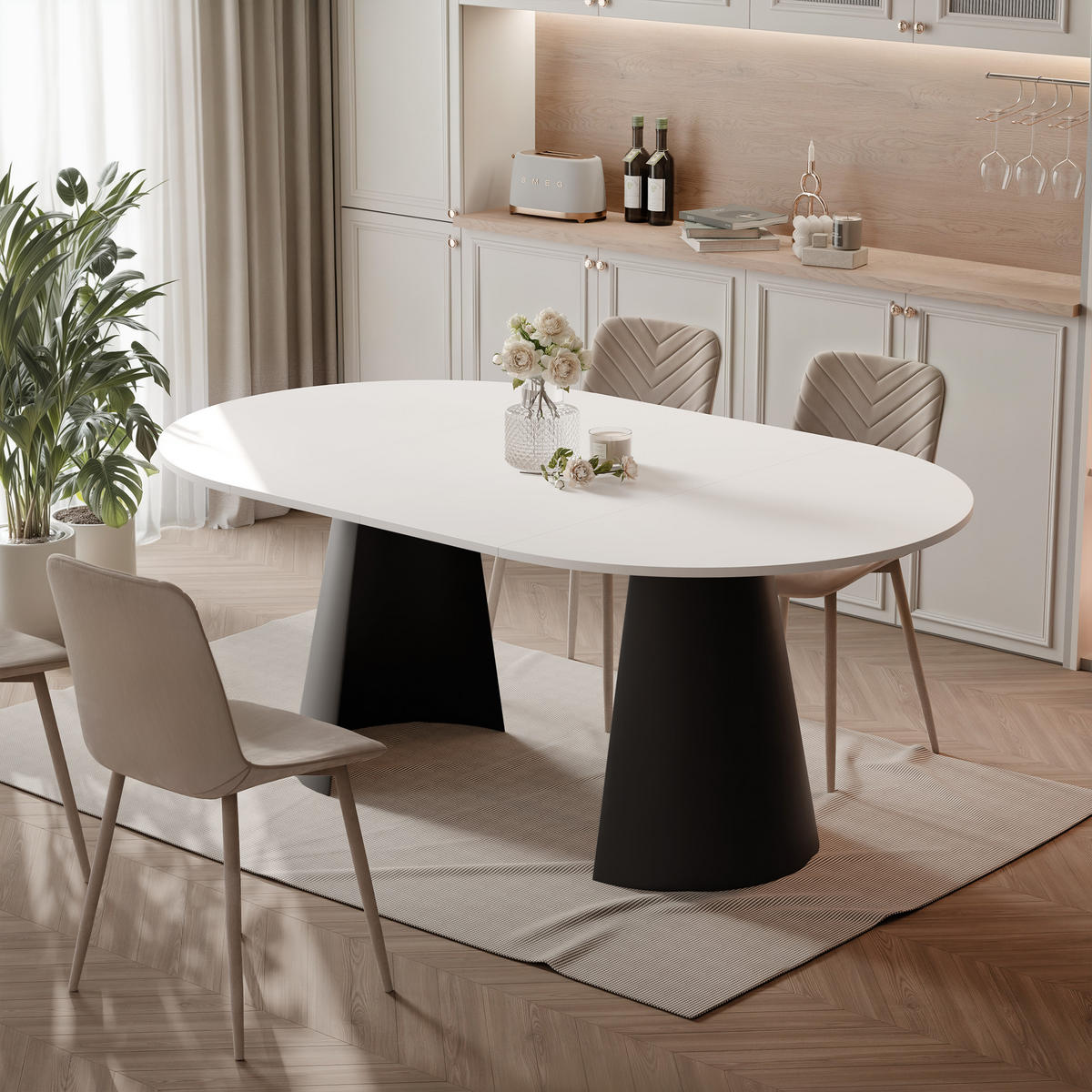 AUSZIEHTISCH BASE 120-196/76 cm, Schwarz / Arktisweiß - Schwarz/Weiß, Holzwerkstoff/Metall (120/120/76cm) - Idohome