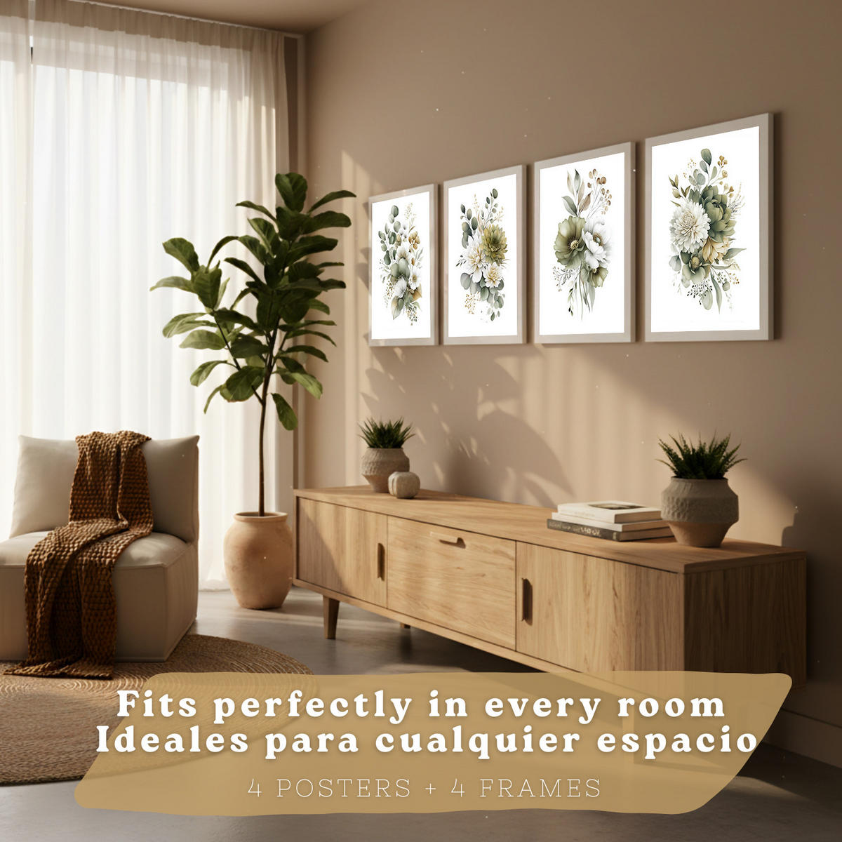 PLAKAT Sada 4 boho botanických uměleckých tisků. Akvarelové květinové nástěnné umění. Velikost Bílý rám A3 - bílá, papír (29.7/42/3cm) - Nacnic
