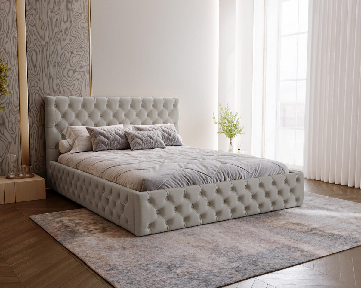 POLSTERBETT 140x200 Verti Slim, Chesterfield, Hellgrau - Hellgrau, Holz/Textil (140/200cm) - Emporius