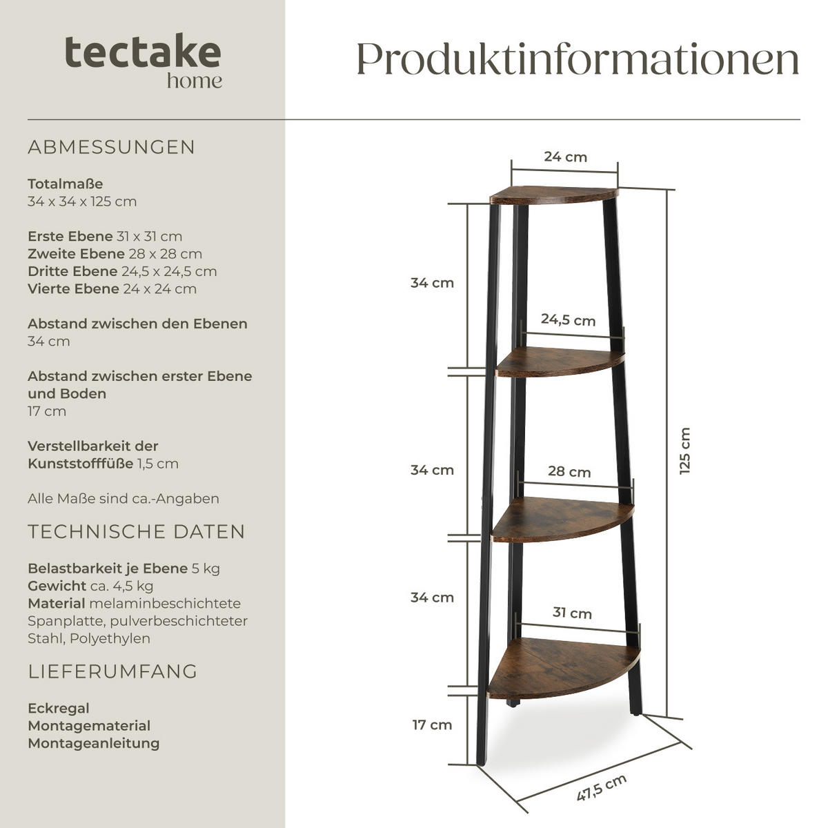 ECKREGAL Newbridge,inklusive Kippschutz, 34 x 34 x 125 cm,Industrial Holz dunkel, rustikal - Rostfarben, Holzwerkstoff (34/125/34cm) - tectake