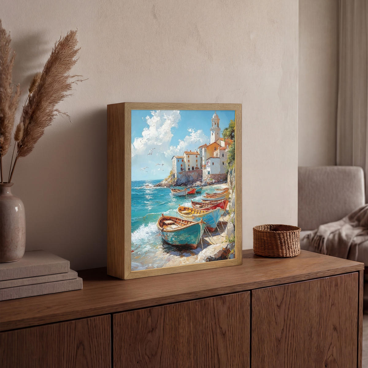 NÁSTĚNNÁ LAMPA S AKUMULÁTOREM Lodě - skály - moře - slunce 30x40 cm - modrá, kompozitní dřevo (30/40/8cm) - OnlyWow