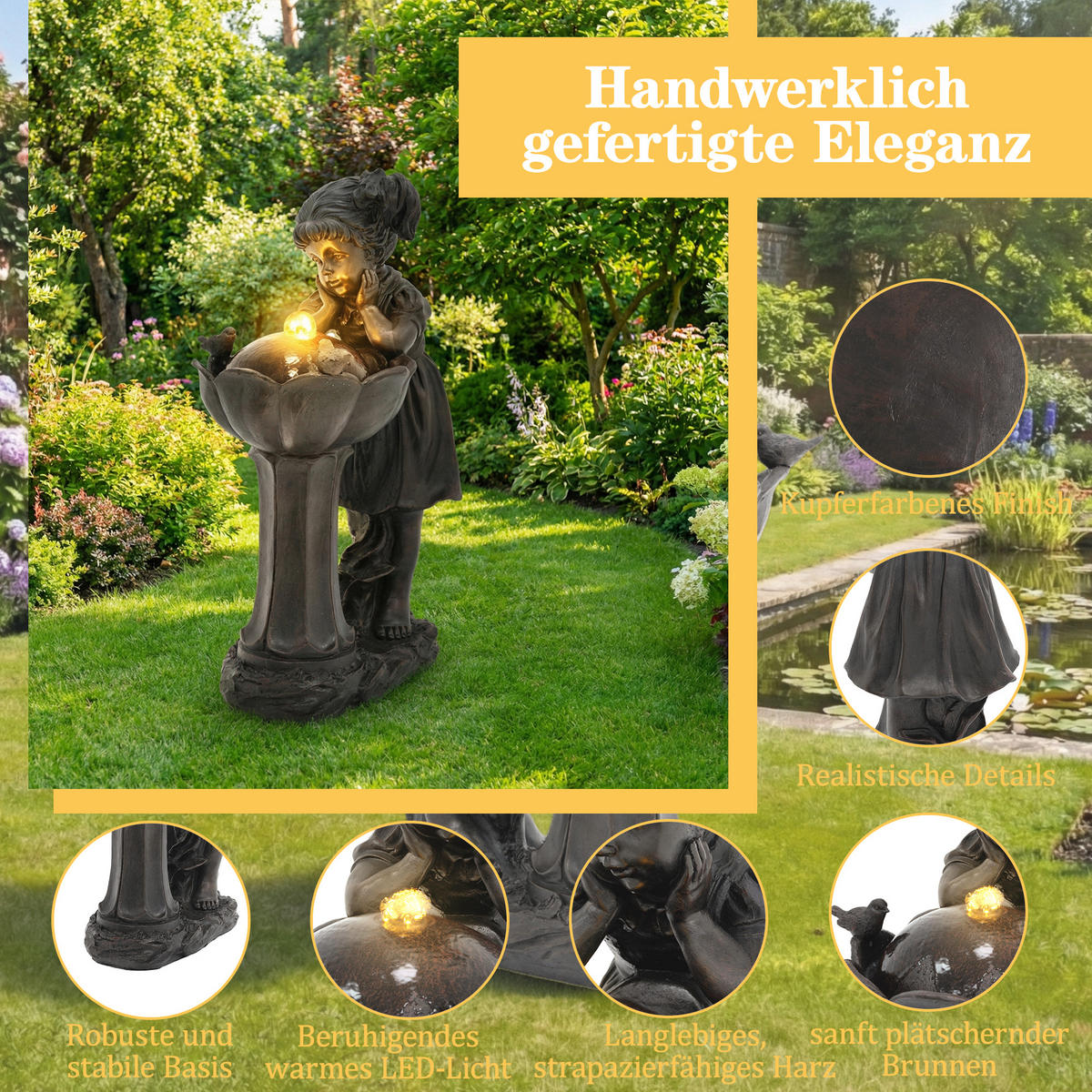 GARTENBRUNNEN LED Kupfer Mädchen Figur 65.5cm Außen Terrasse - Bronzefarben, Naturmaterialien (30/42/65.5cm) - FLIEKS