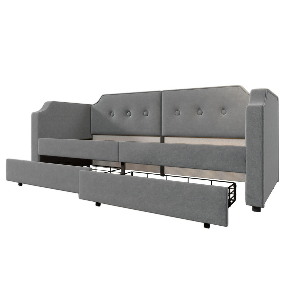 TAGESBETT 90x200cm Schlafsofa USB-C Leselicht 2 Schubladen Grau Samt - Grau, Holz - FLIEKS