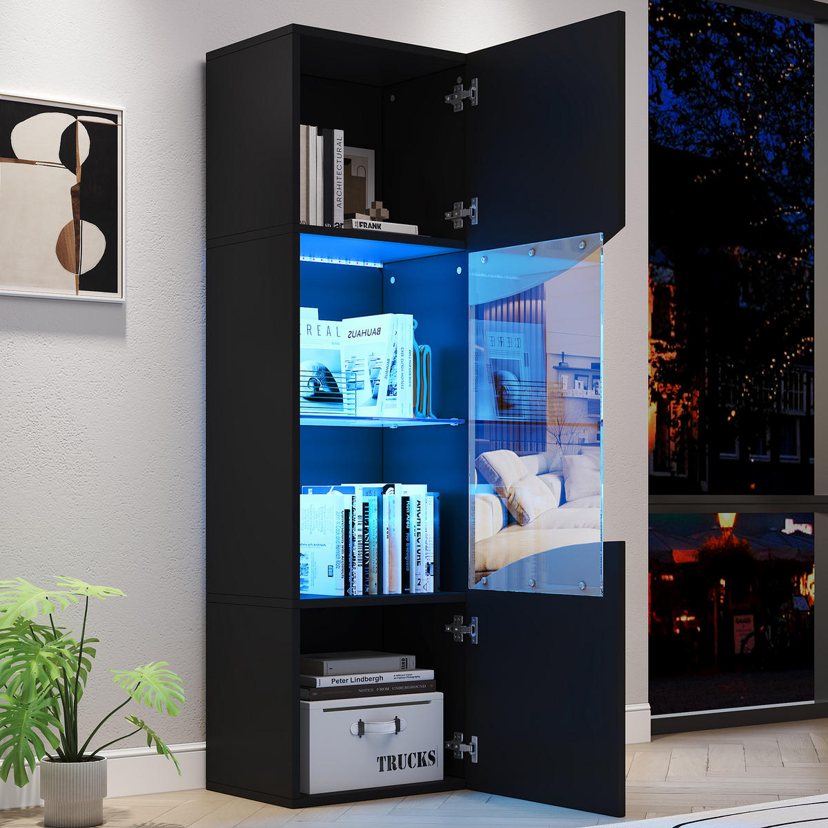 VITRINE LED Hochglanz Vitrinenschrank Wellenoptik 165cm Schwarz - Schwarz, Holzwerkstoff (35/165/50cm) - FLIEKS