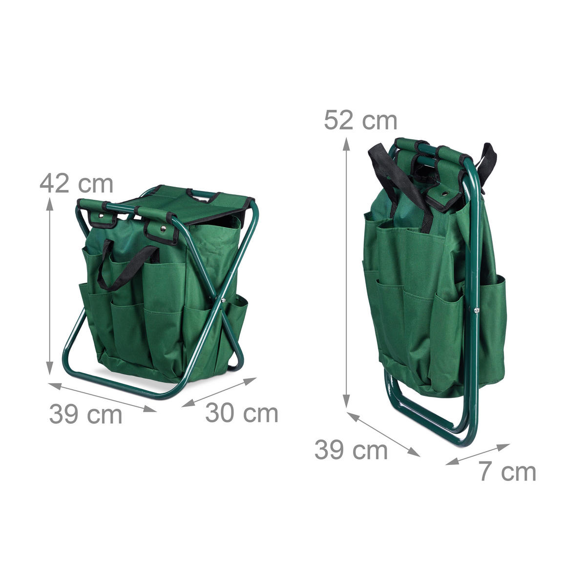 HOCKER Dunkelgrün klappbar mit Werkzeugtasche 16 Taschen - Dunkelgrün, Textil/Metall (30/42/39cm) - Relaxdays