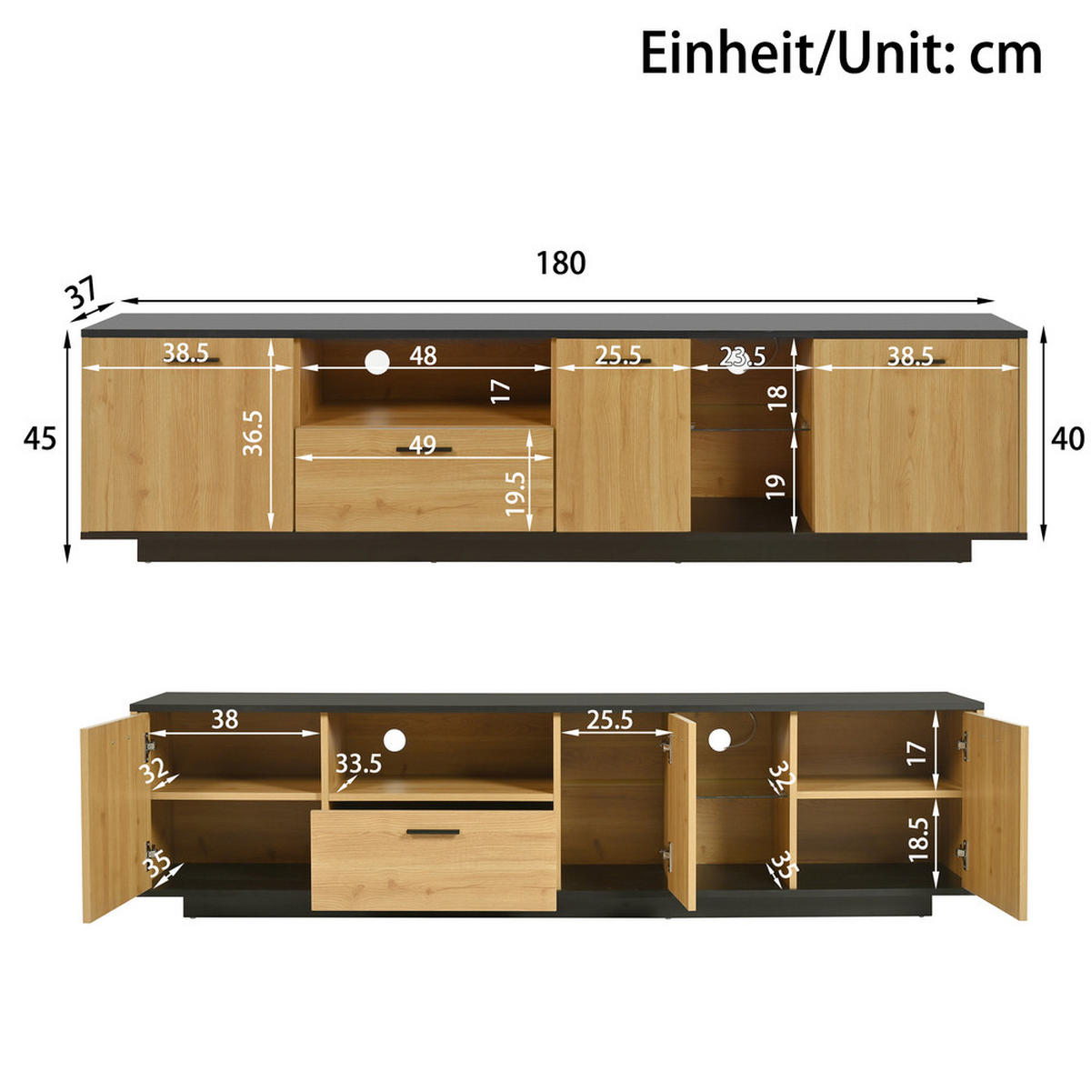 TV-SCHRANK Lowboard 1 Schublade 3 Türen LED-Beleuchtung Schwarz Natur - Schwarz, Holz (43/21/53cm) - FLIEKS